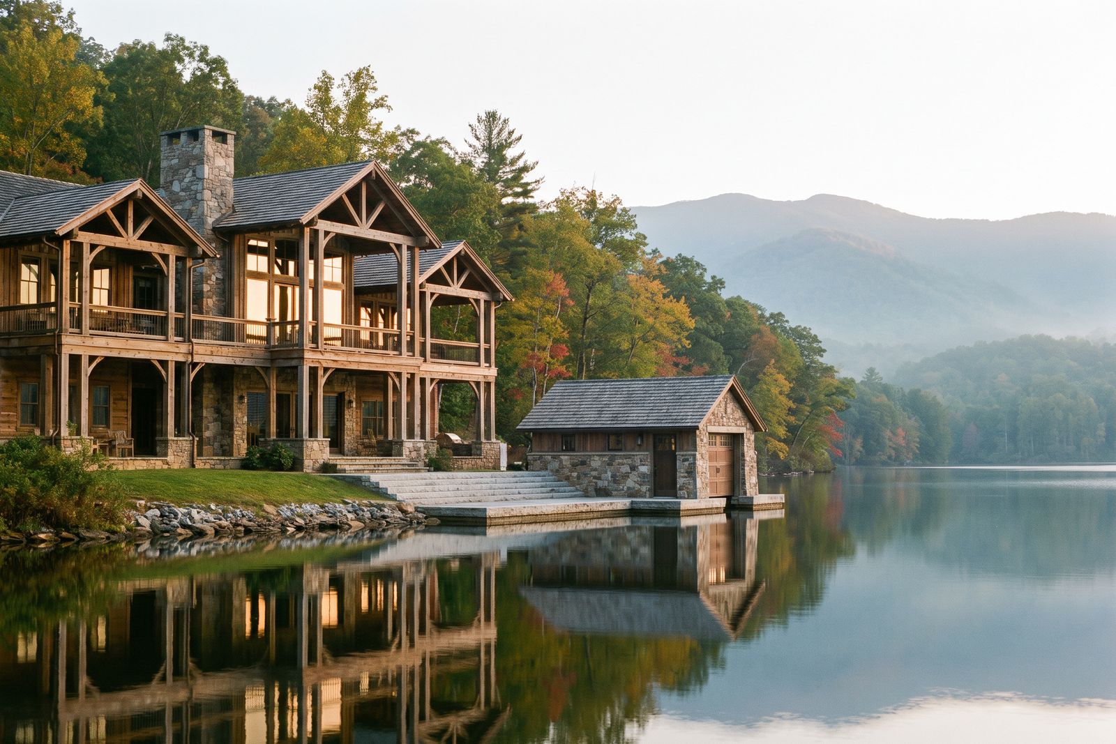 Timber and stone lake house and boathouse reflected in still water in early fall