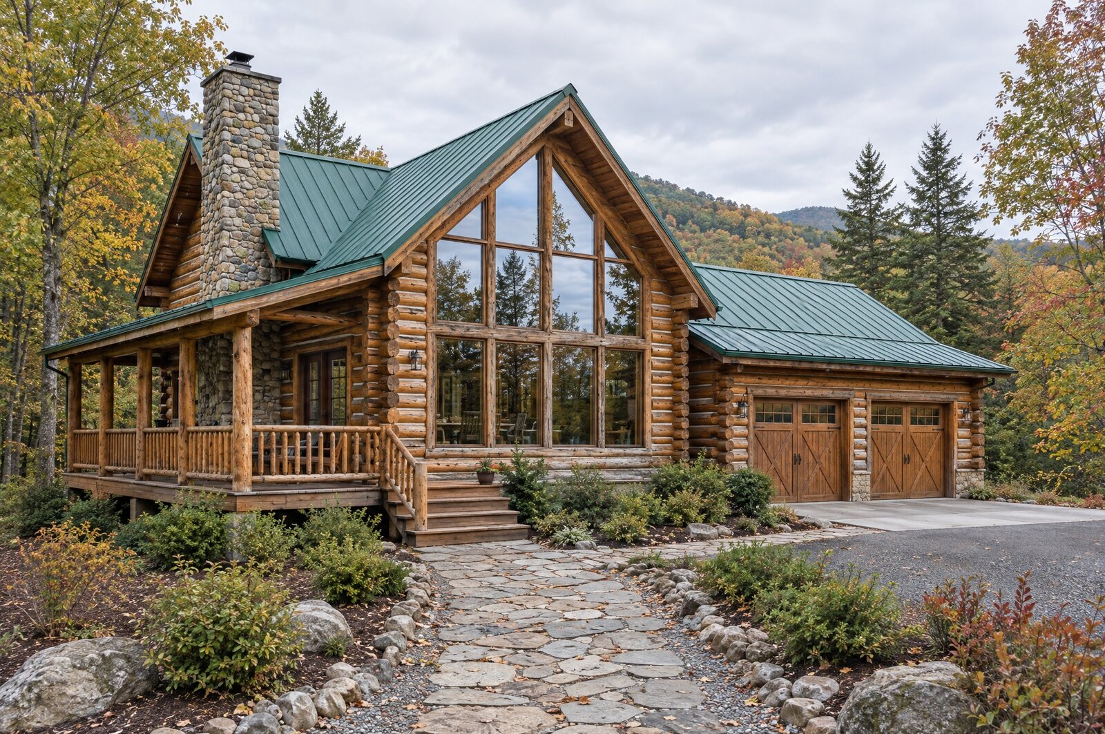 Log and timber mountain home with stone chimney and covered porch in fall