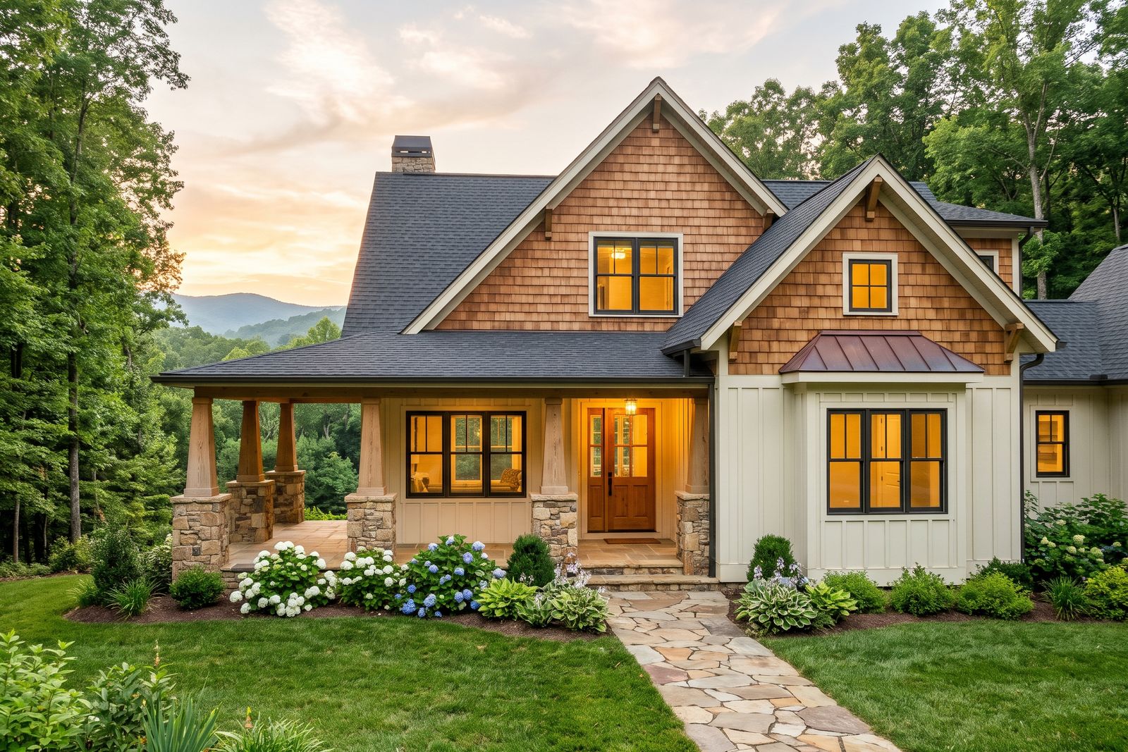 New craftsman home with cedar shake gables, cream siding and a deep front porch on stone piers at golden hour