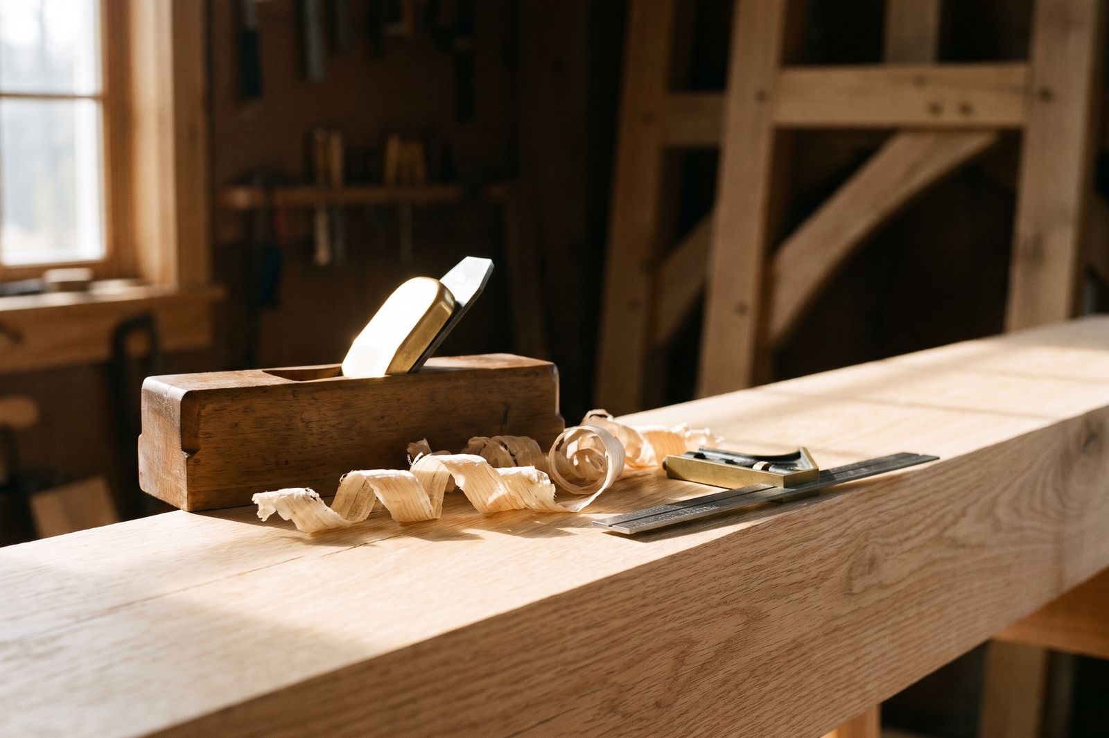 Wooden hand plane and fresh shavings on a timber beam in a workshop