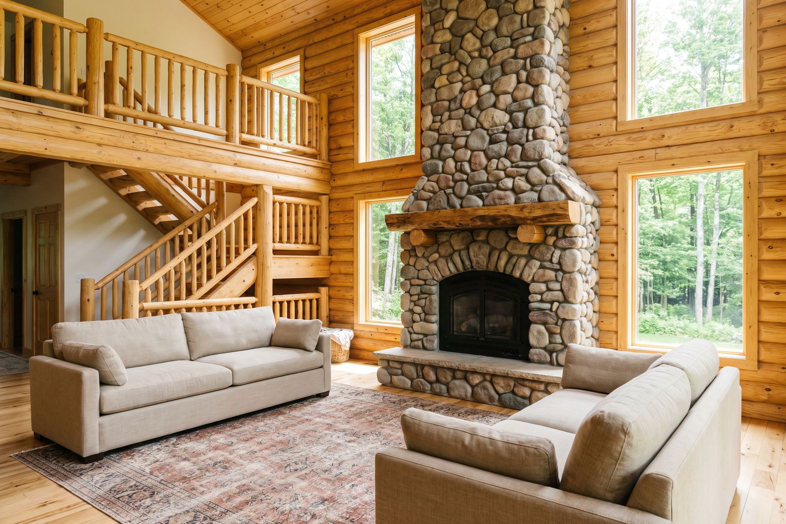 Log great room with a river rock fireplace, loft balcony and soaring windows