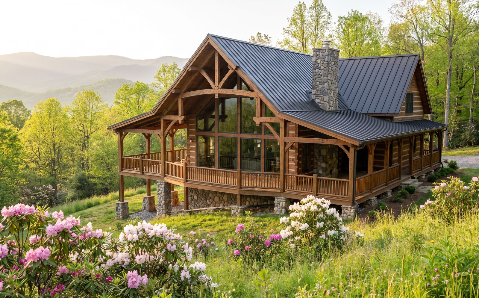 Log and timber home with a glass gable and wraparound deck above a blooming rhododendron meadow