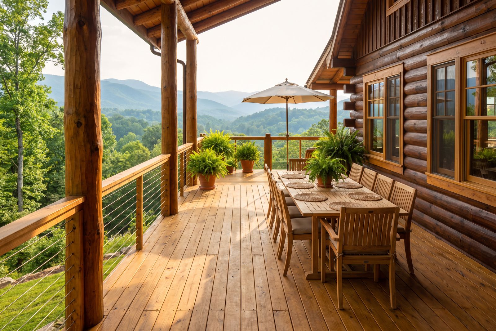 Log home deck with a teak dining table and potted ferns overlooking the mountains