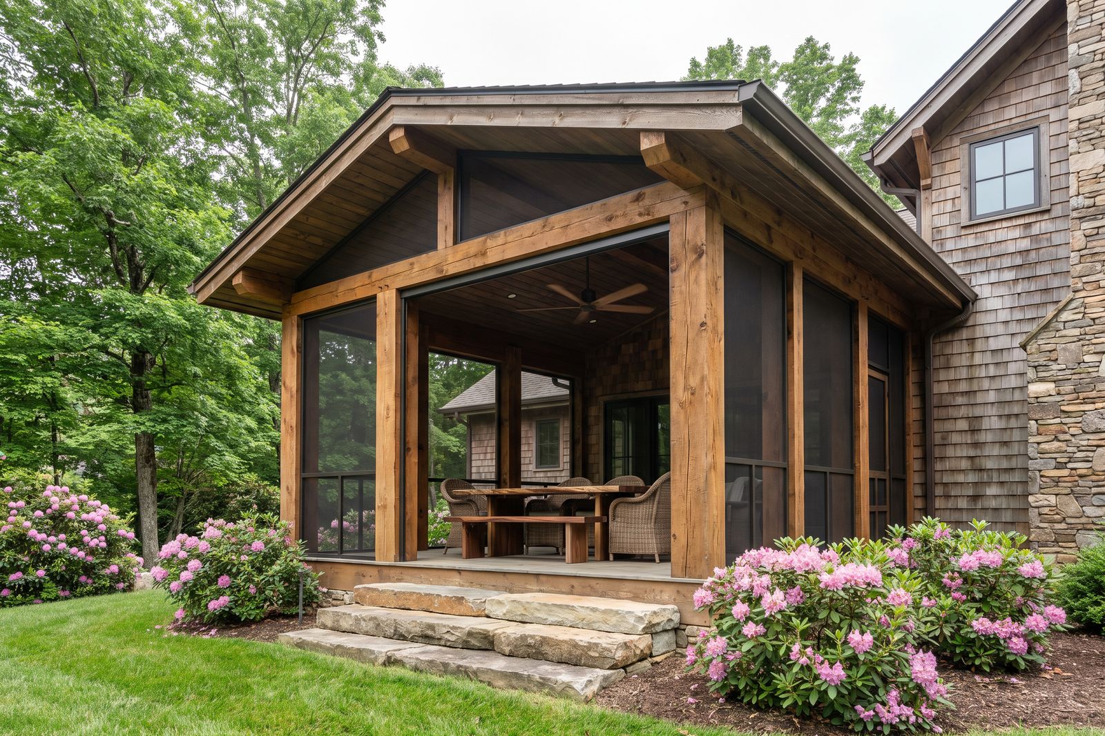 Timber screened porch addition with stone steps and blooming rhododendron beside a shingled home