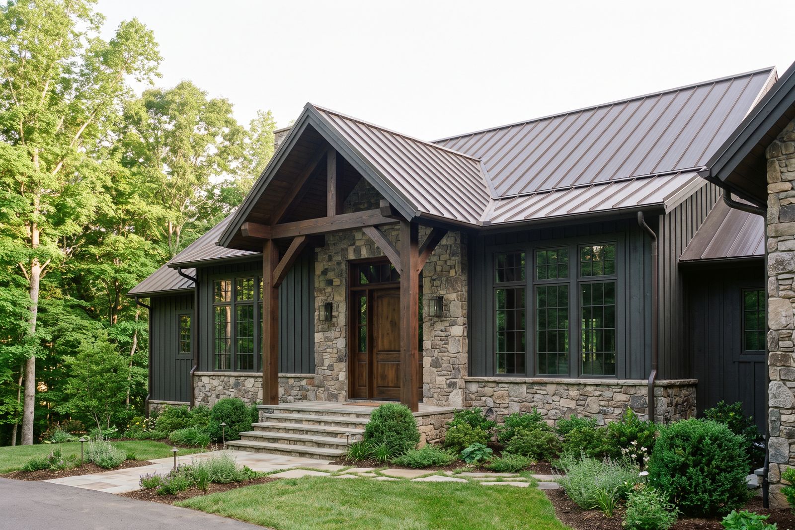 Stone home with board and batten siding, a timber post entry porch and stone steps