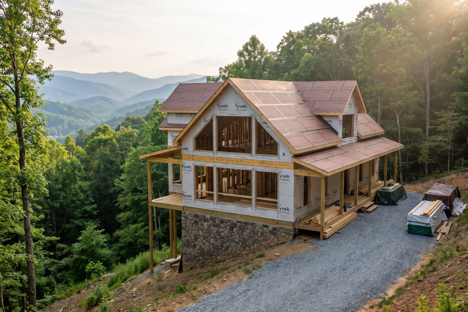 Framed custom home under construction on a mountain lot with a tidy gravel drive