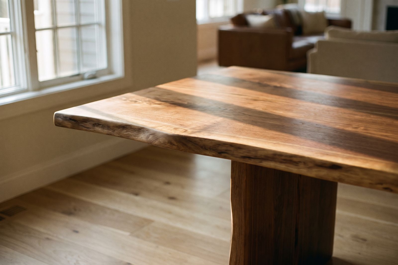 Oiled natural edge walnut table on a white oak plank floor in morning light