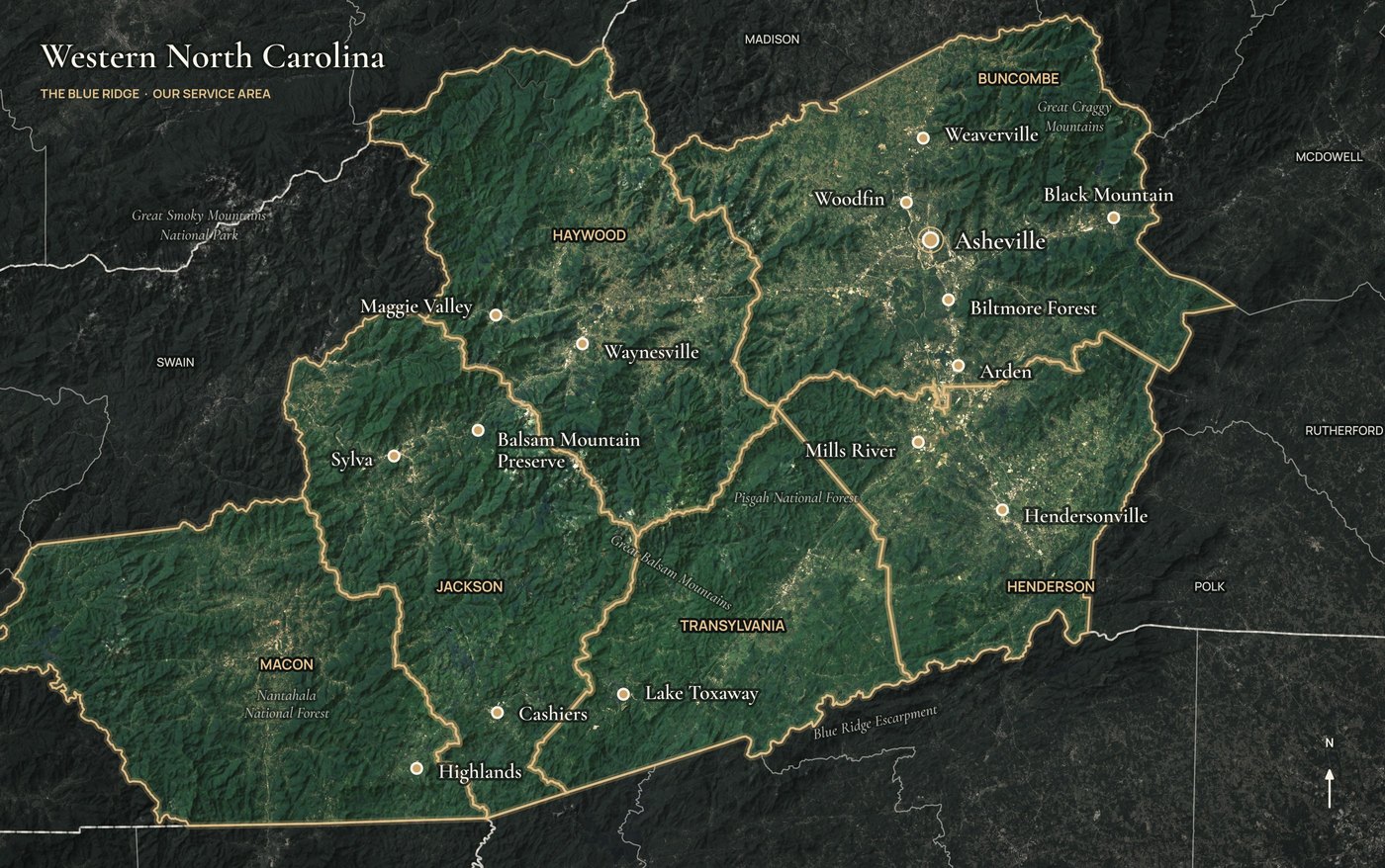 Satellite relief map of Western North Carolina highlighting Buncombe, Henderson, Haywood, Jackson, Macon and Transylvania counties, with the communities we serve marked